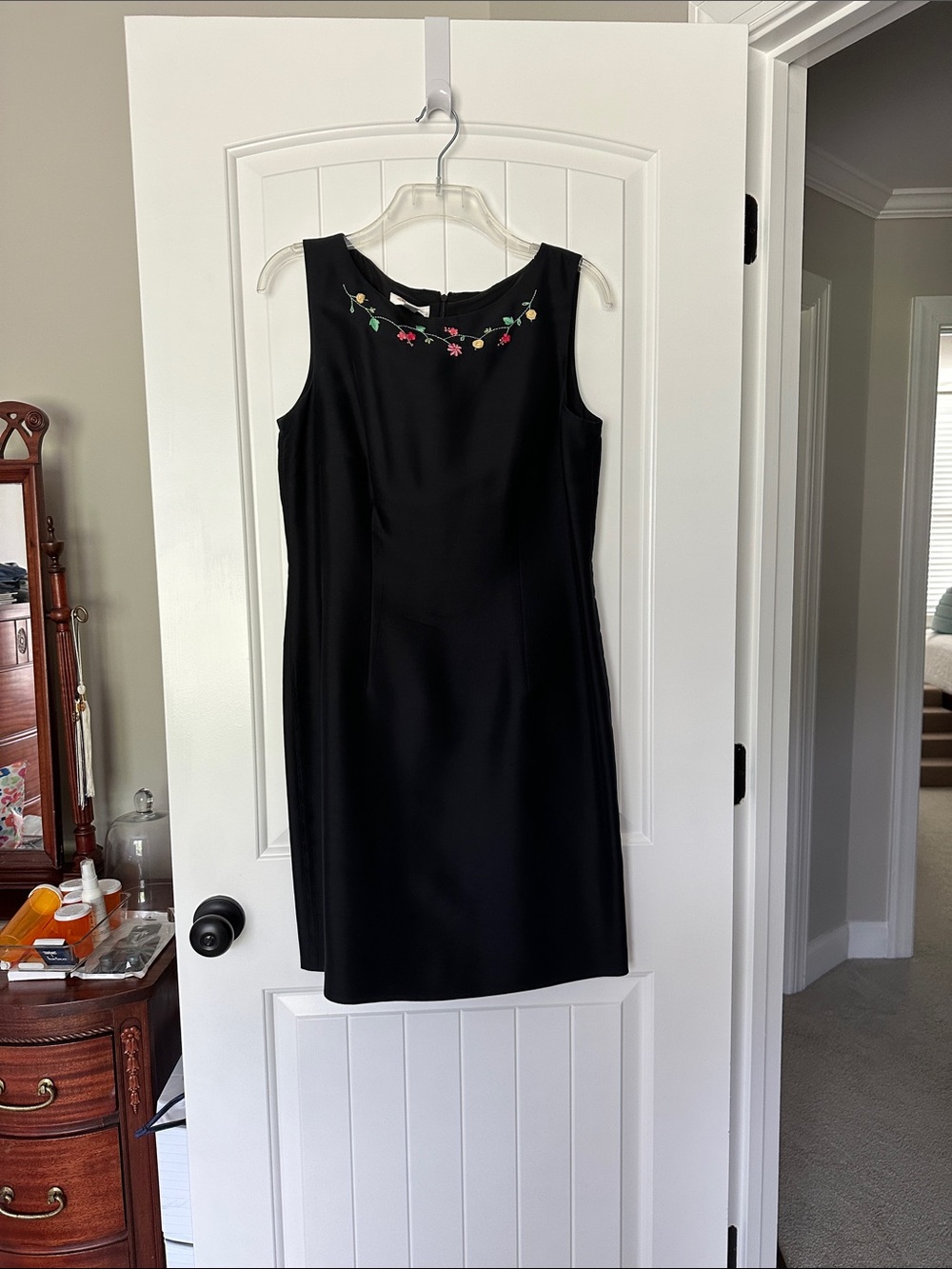 Talbots Silk Black Sleeveless Sheath Dress with Floral Neck Embroidery